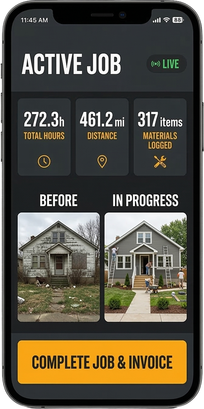 SiteLog app showing Active Job screen with live time, mileage, and materials tracking